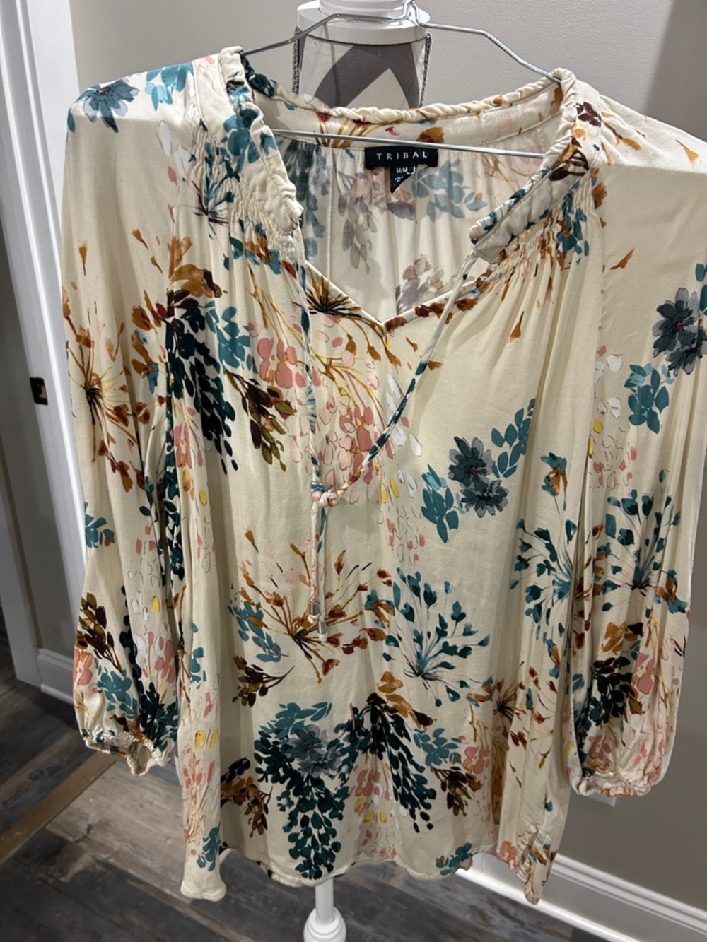 Tribal Cream Floral Long-Sleeve Tunic with Teal & Brown Accents
